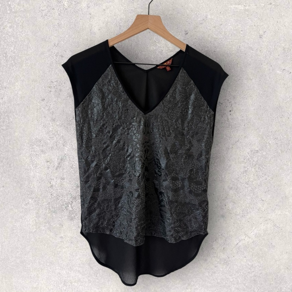 7 For All Mankind Faux Lace Shimmer Black Sheer Back High Low Top Size XS